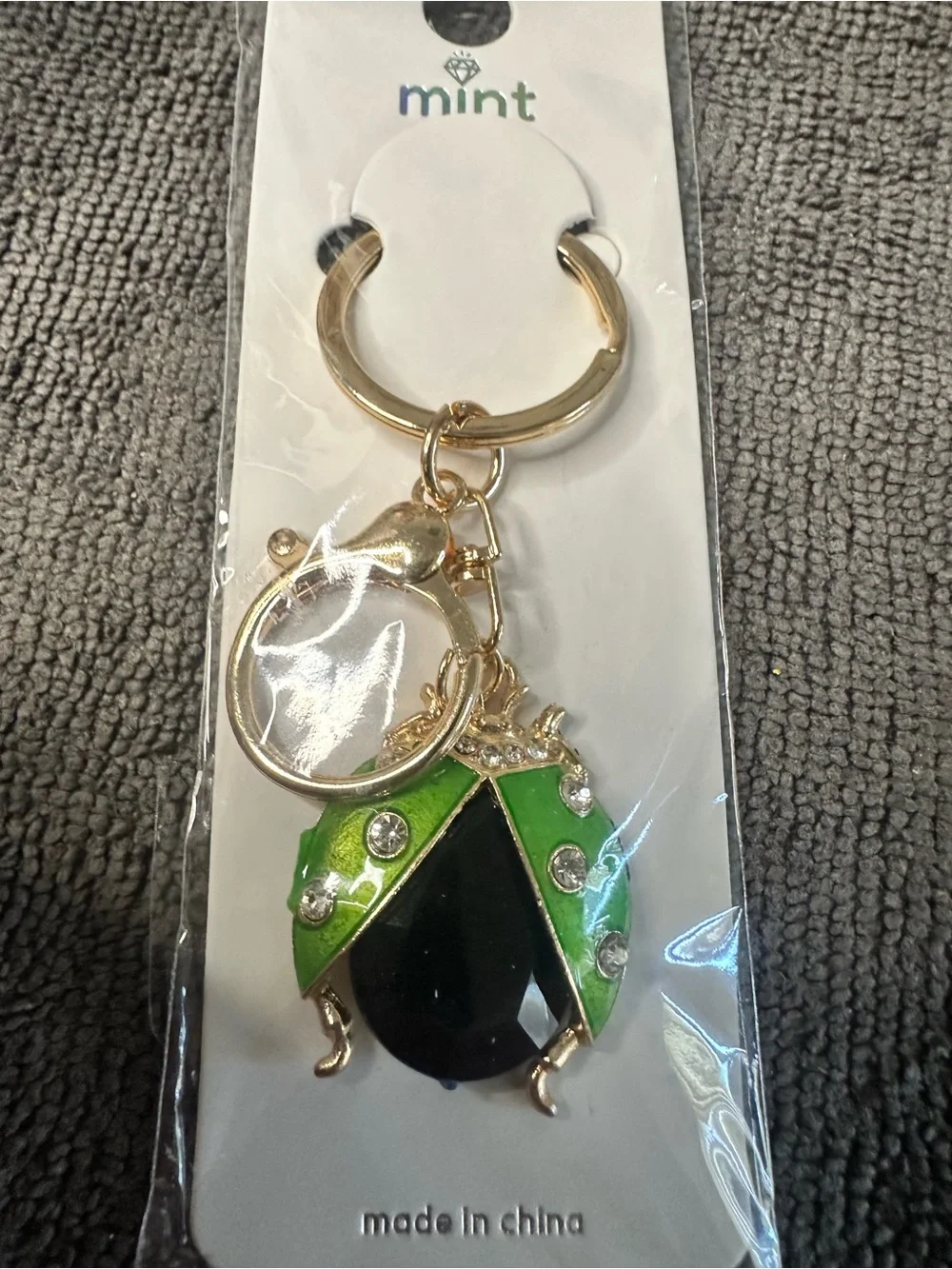 Green and Black Ladybug Keychain Charm with Crystal Accents